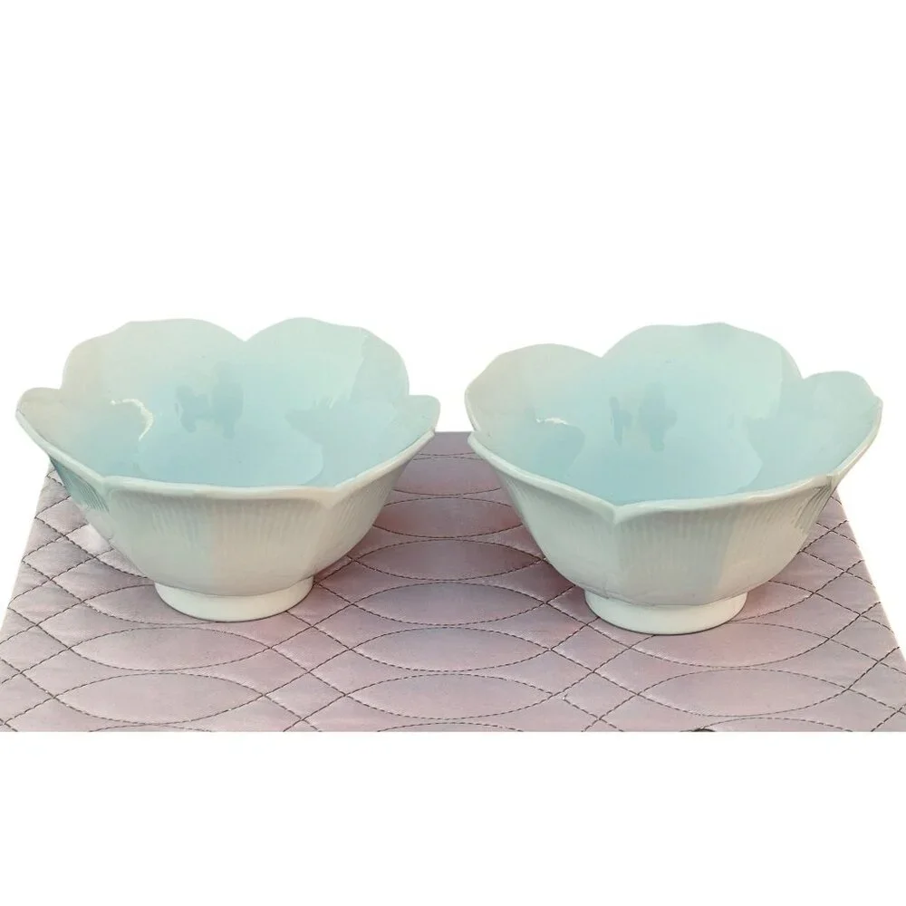 Lotus Bowls Vintage 4.5”Dx2.5”T set of 2 White Porcelain Soup Snacks Japan Asian